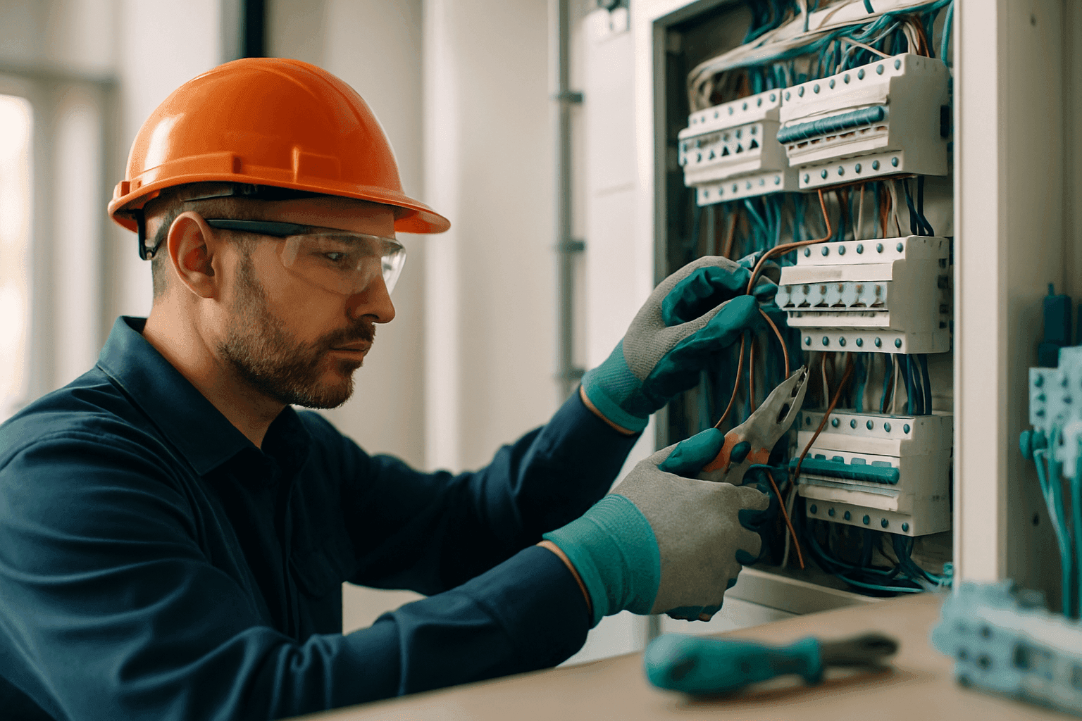 Electrician wearing safety gear working on wiring at a clean residential or commercial site