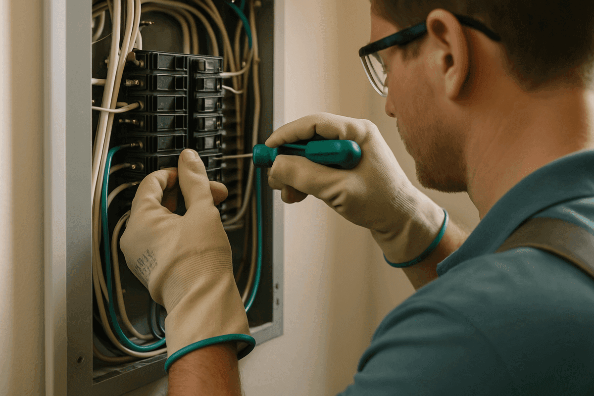 Close-up of electrician’s gloved hands connecting wires inside a residential electrical panel