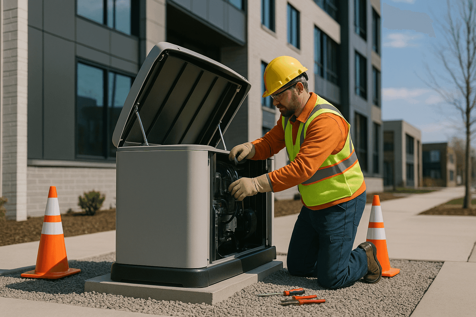 Electrician installing a backup generator beside a building