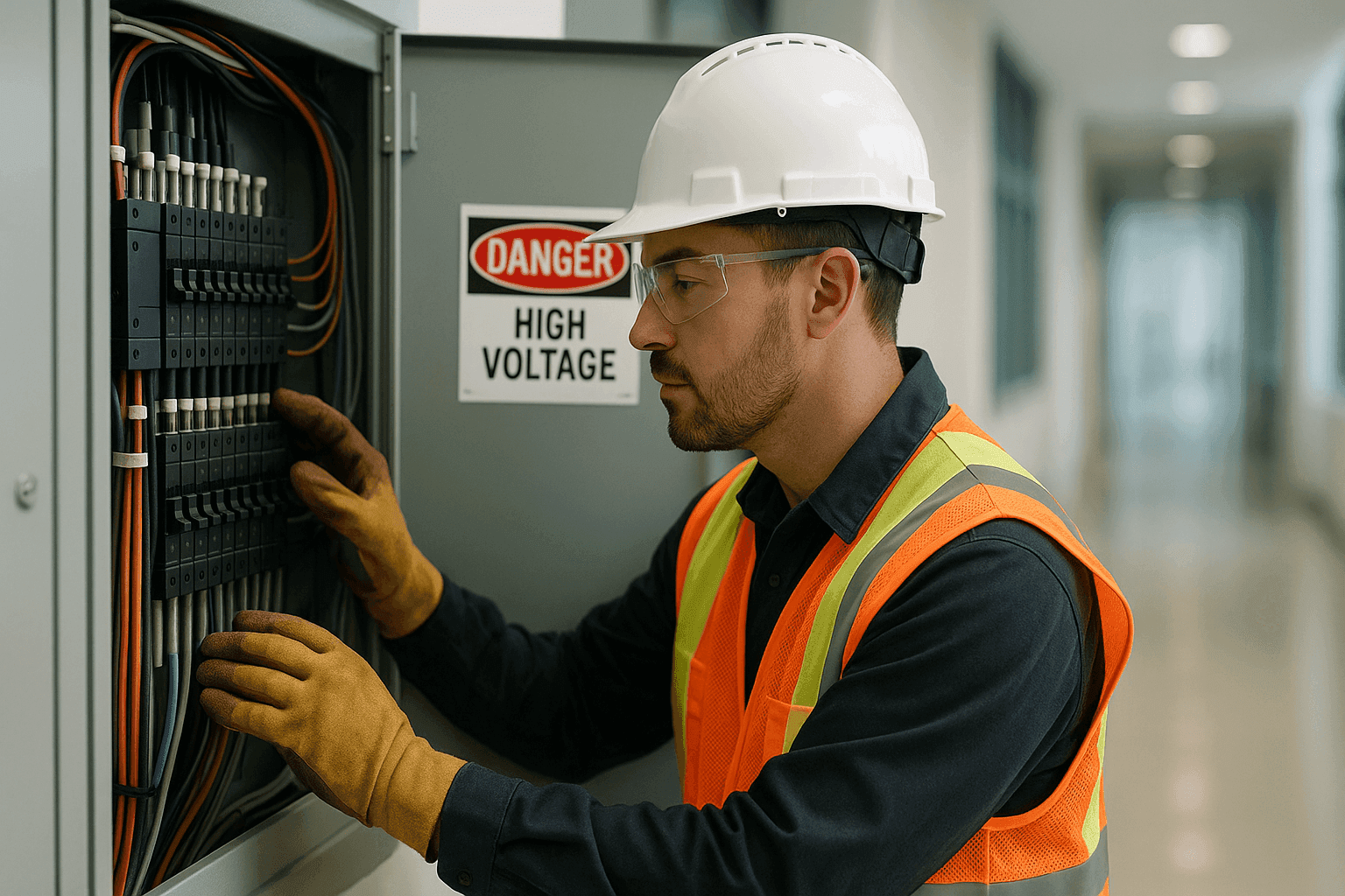 Electrician inspecting commercial electrical panel in business setting