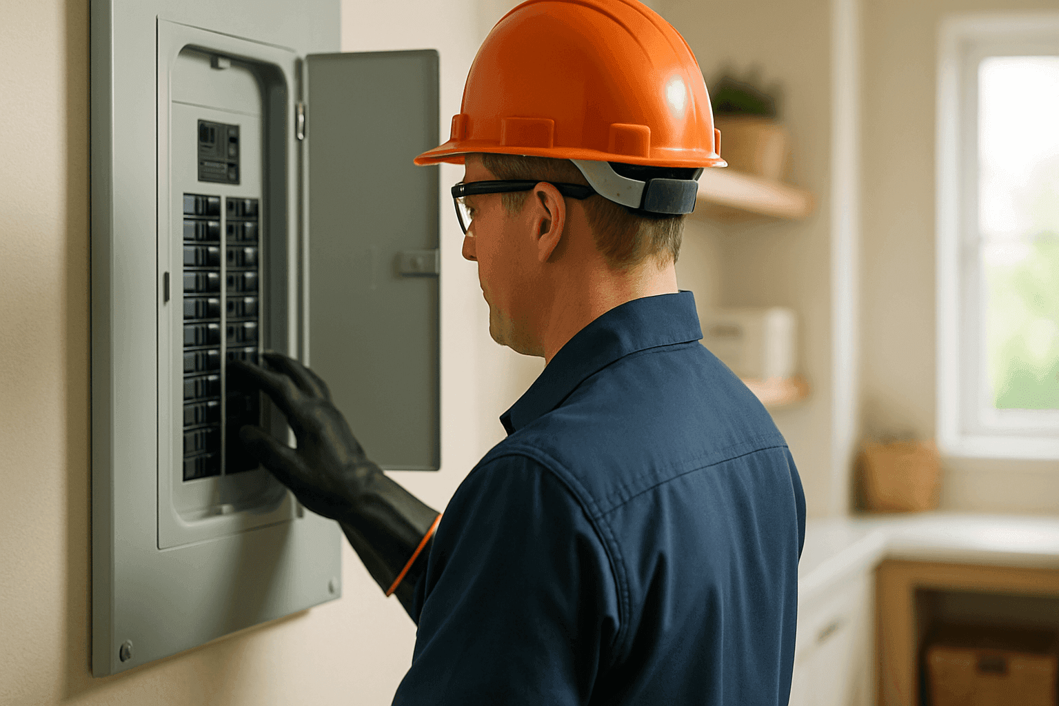 Electrician checking circuit breaker in home electrical panel